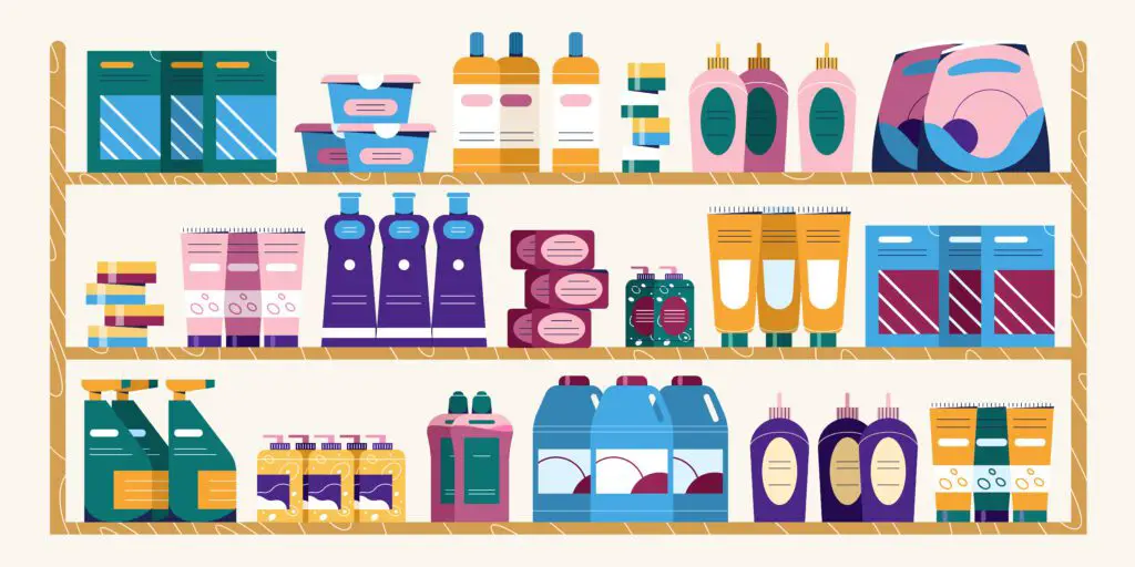 Supermarket shelves with detergent bottles and chemical cleaning supplies. Flat shelf with household chemicals, washing powder, personal hygiene items. Dometic chemistry store. Cleanser display racks.